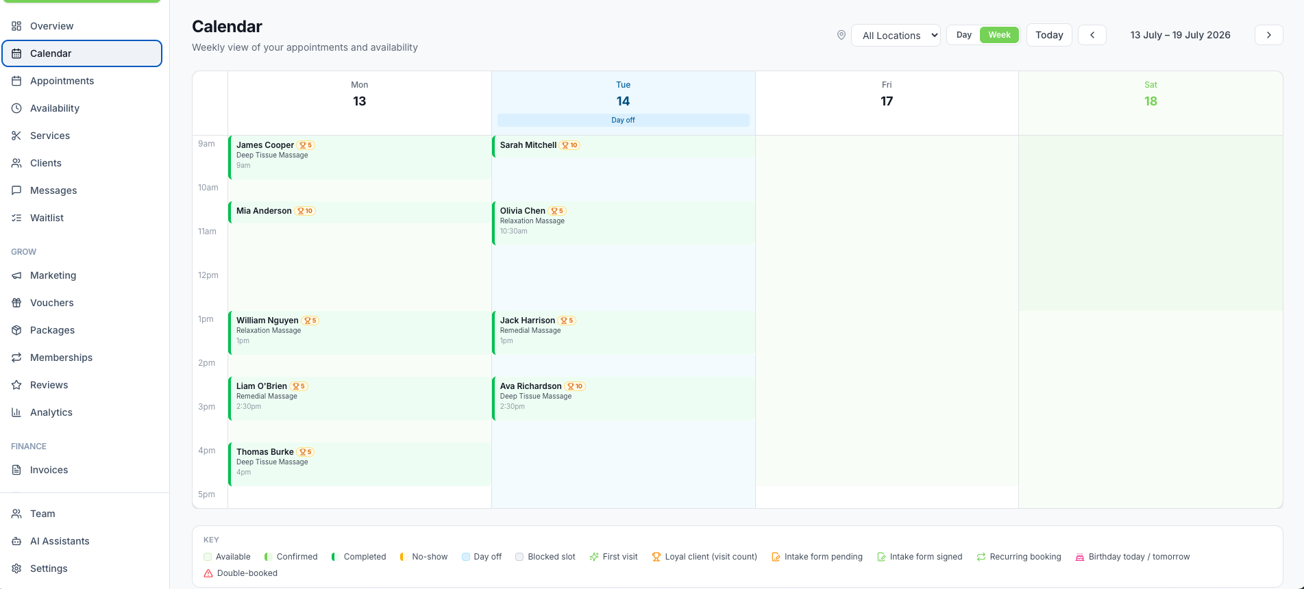 BookAndGo calendar showing a week of appointments with client names, services and availability