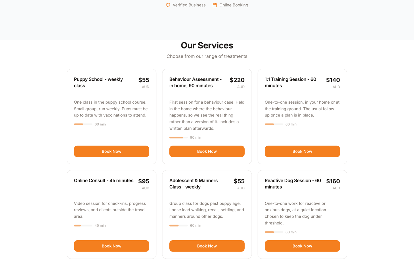 A BookAndGo booking page set up for a dog training business, showing puppy school, behaviour assessments and one-to-one sessions with prices and durations